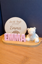 🧸 Geschenkset mit Bambus-Untersetzer, Name und Bär aus Gips und Holzschild inkl. Steher (personalisierbar)