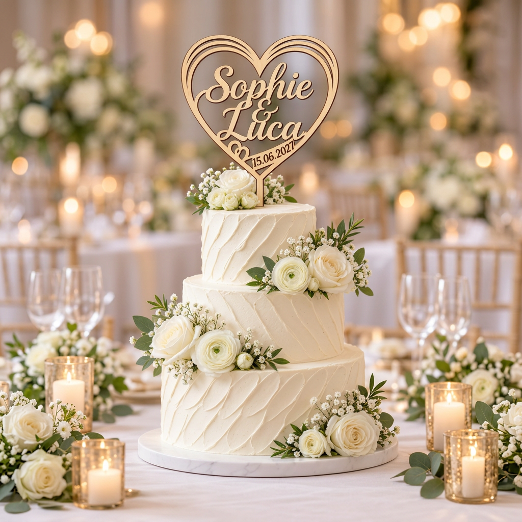 ❤️ Cake Topper aus Holz in Herzform – personalisierbar mit Wunschtext