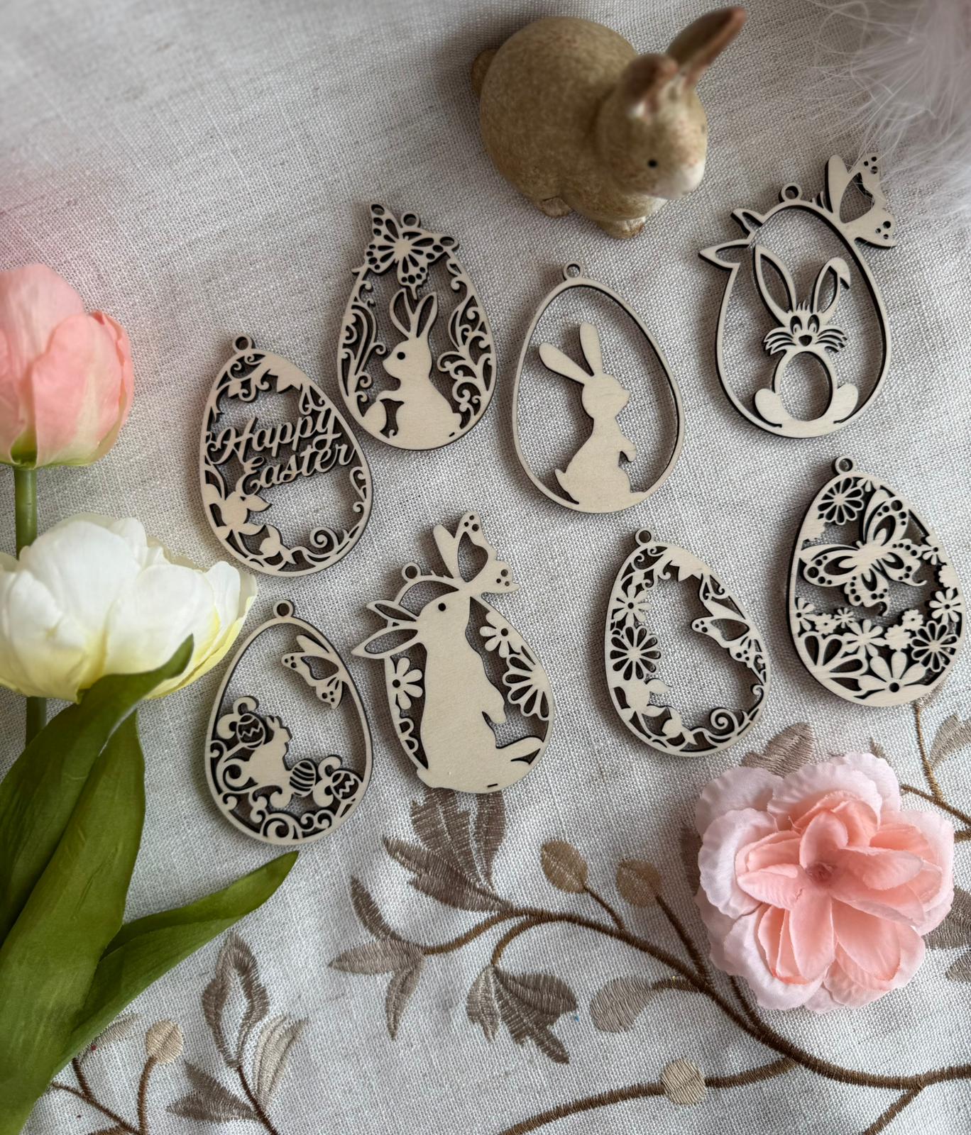 🐣 Ostereier Set – 8er aus Holz verschiedene Motive für ein stilvolles Osterfest
