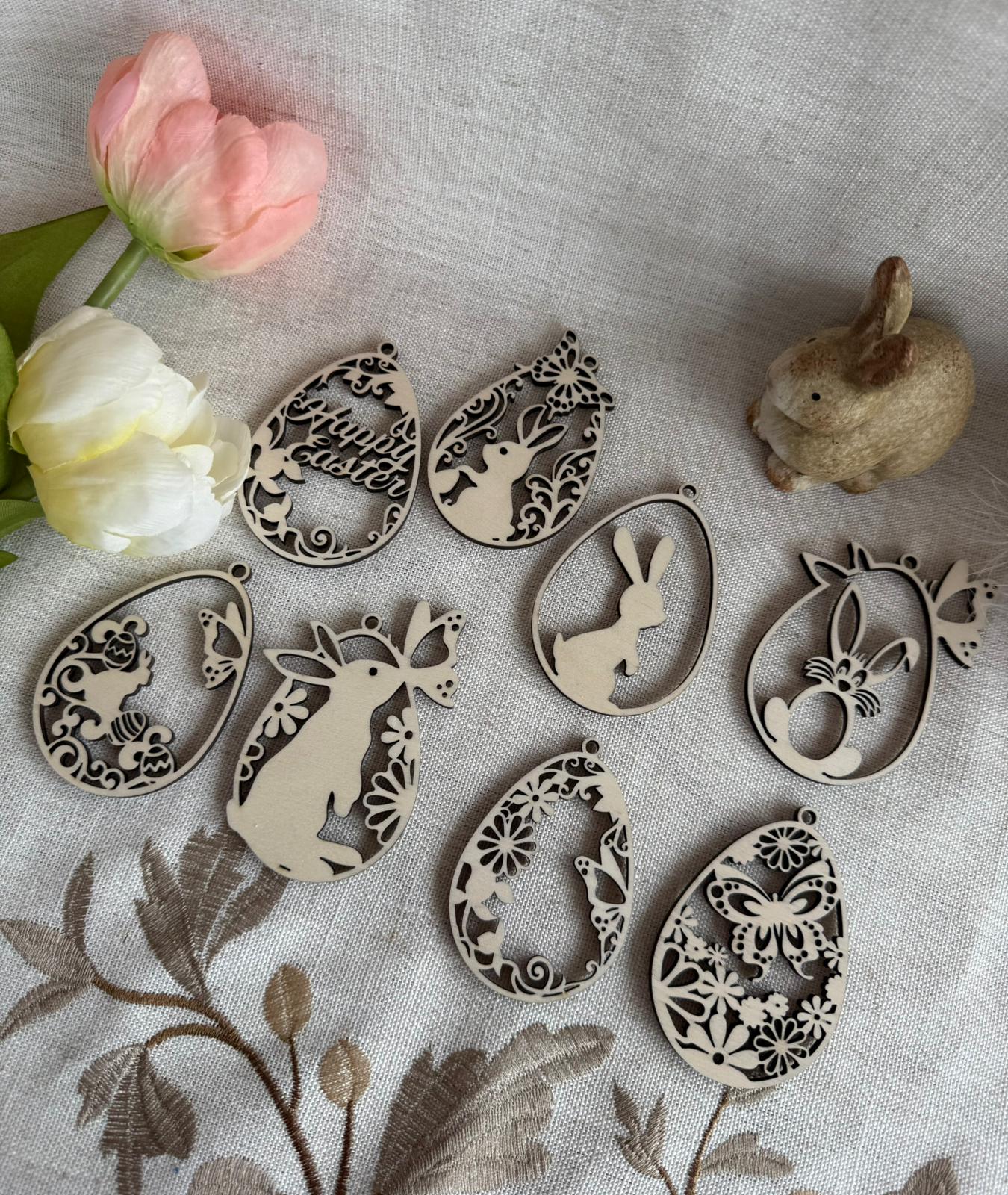 🐣 Ostereier Set – 8er aus Holz verschiedene Motive für ein stilvolles Osterfest