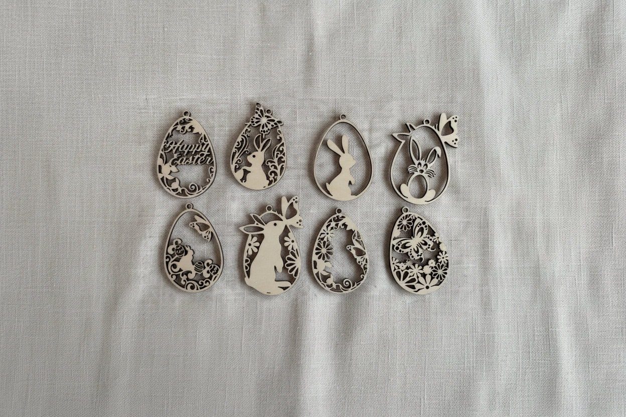 🐣 Ostereier Set – 8er aus Holz verschiedene Motive für ein stilvolles Osterfest