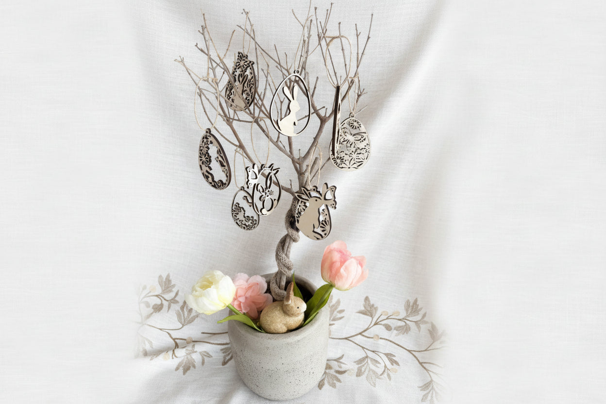 🐣 Ostereier Set – 8er aus Holz verschiedene Motive für ein stilvolles Osterfest