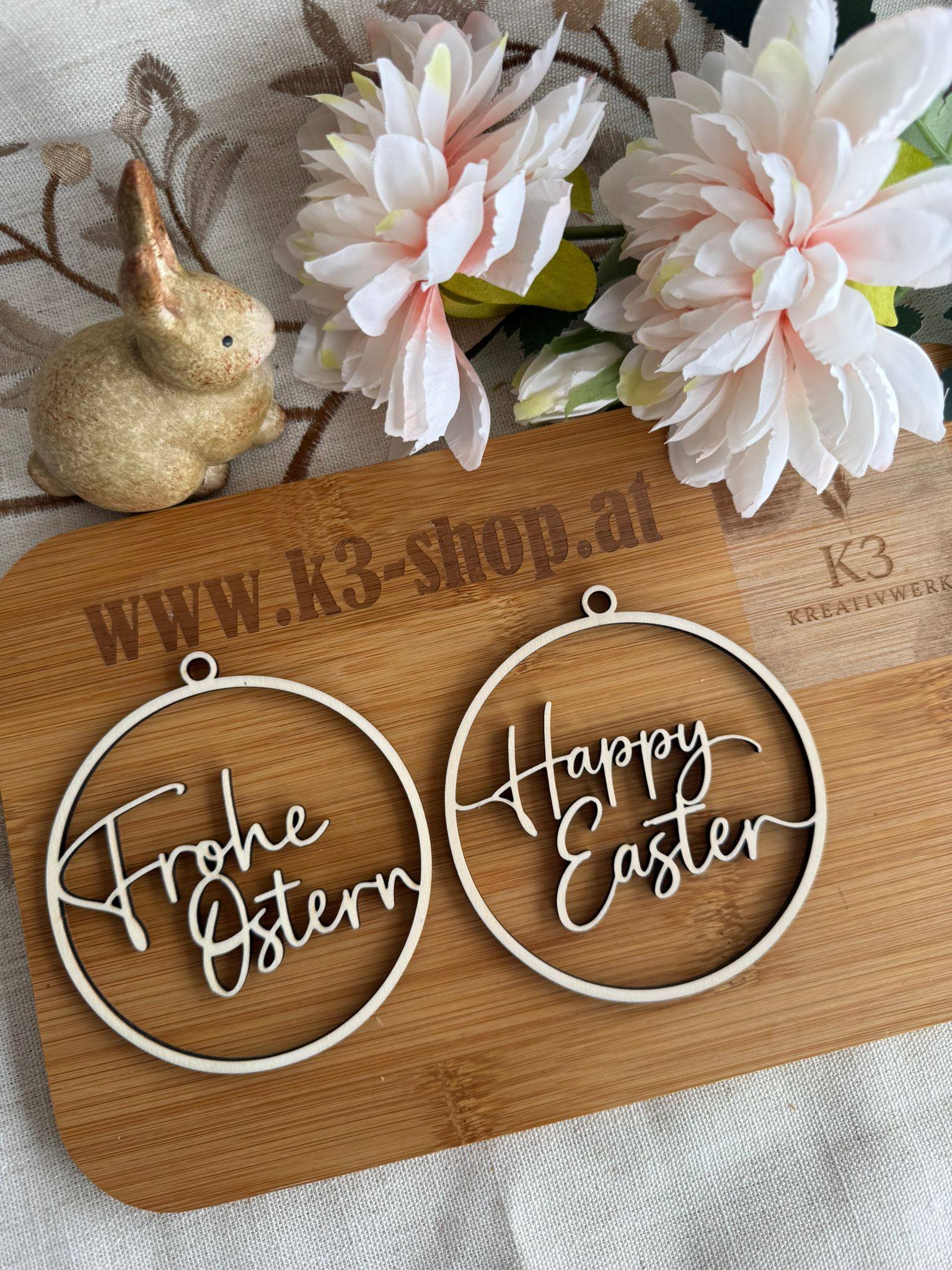 🐰🌿 Rundes Osterdeko-Set – 5-teilig aus Holz, mit liebevollen Motiven