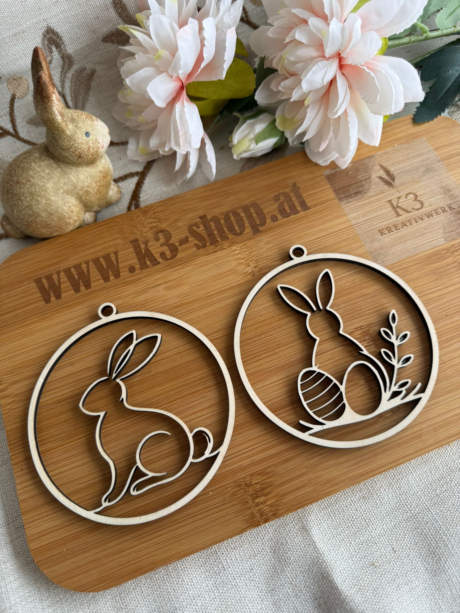 🐰🌿 Rundes Osterdeko-Set – 5-teilig aus Holz, mit liebevollen Motiven