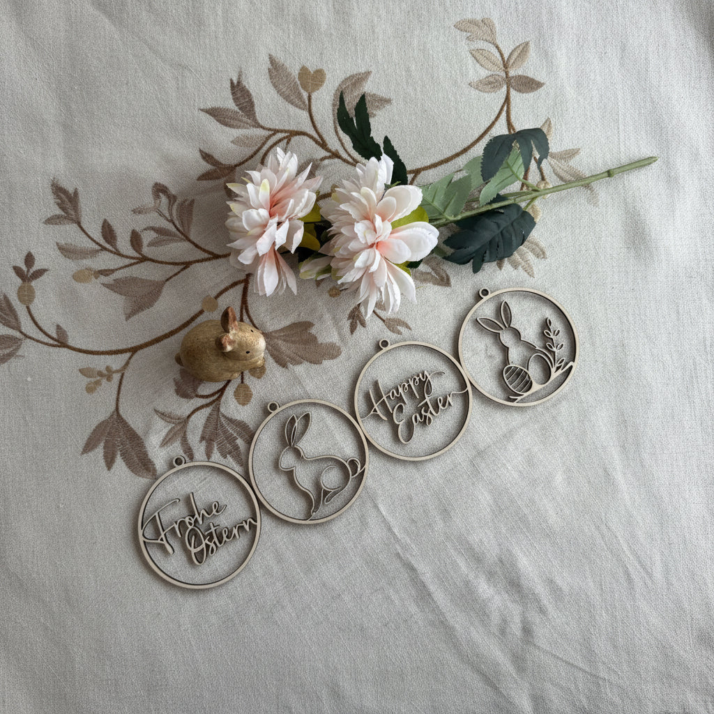 🐰🌿 Rundes Osterdeko-Set – 5-teilig aus Holz, mit liebevollen Motiven