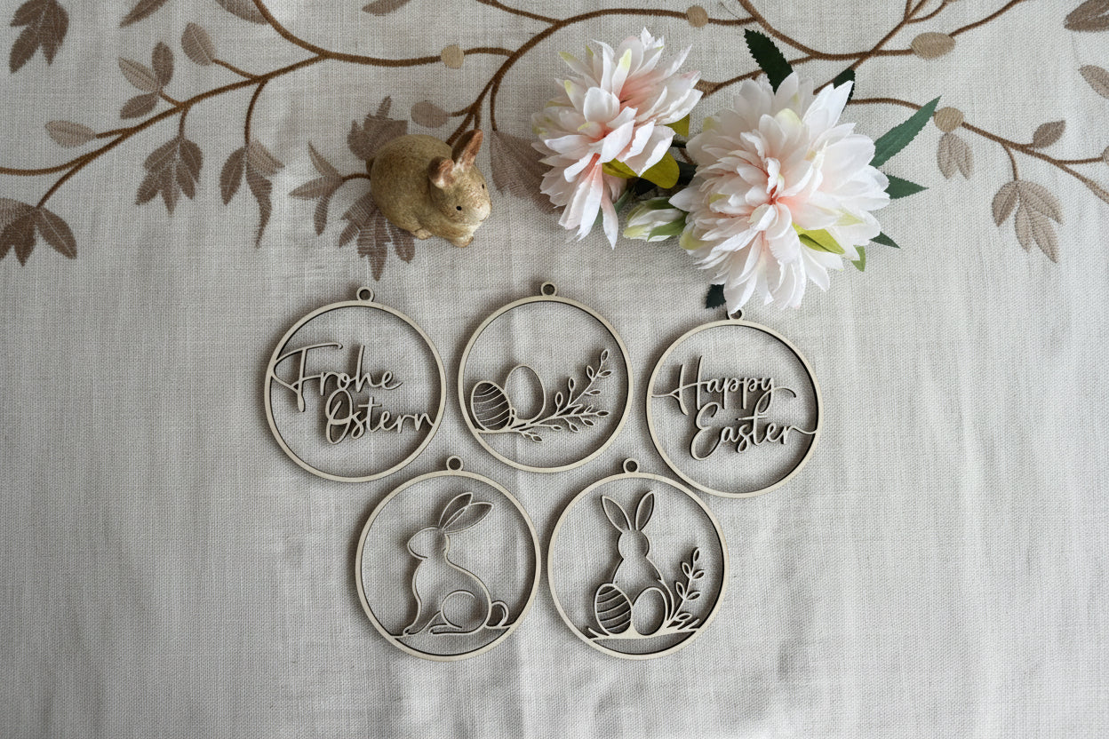 🐰🌿 Rundes Osterdeko-Set – 5-teilig aus Holz, mit liebevollen Motiven