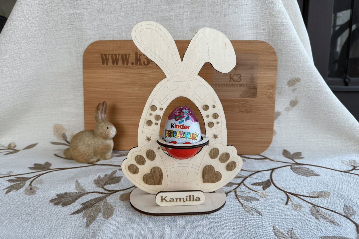 🐰 Kinder-Überraschungsei-Halter im Osterhasenstil aus Holz (personalisierbar)