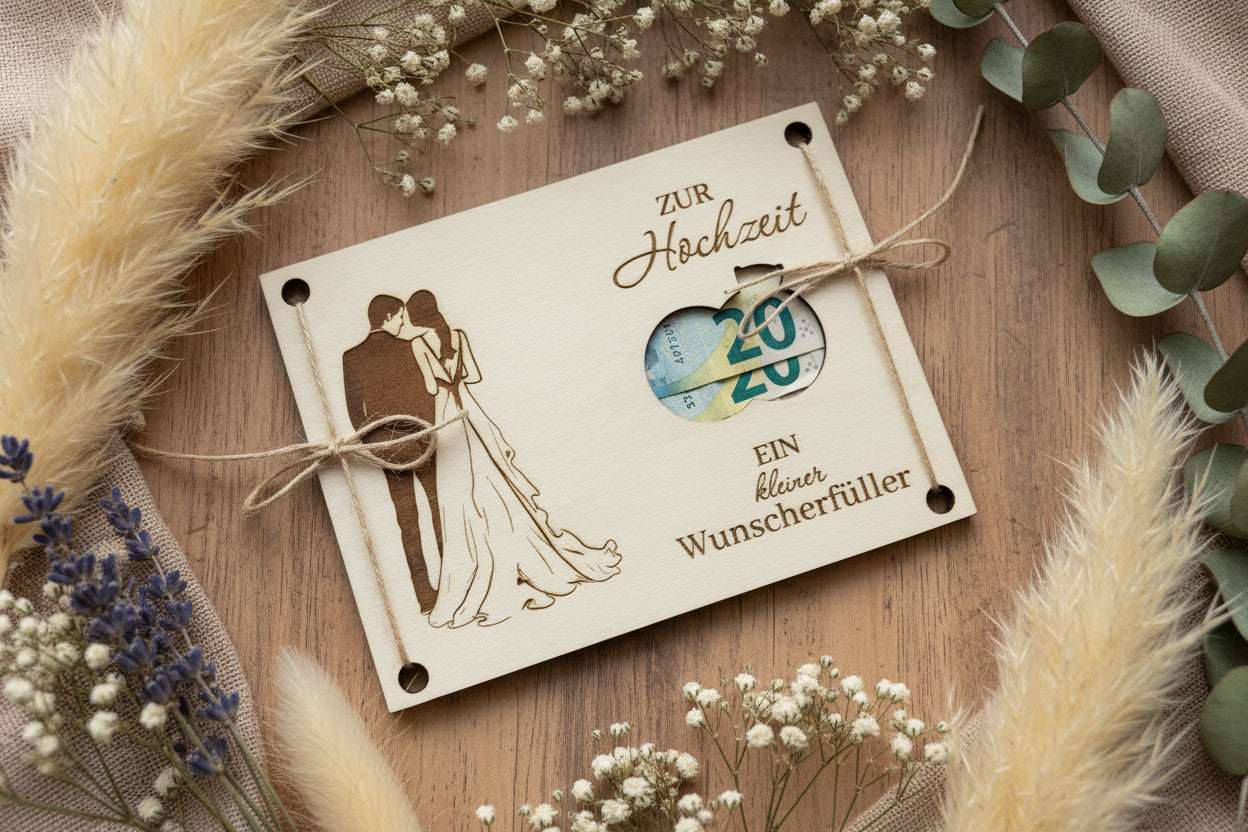 💍 Geldgeschenk zur Hochzeit „Ein kleiner Wunscherfüller“ aus Holz (personalisierbar)