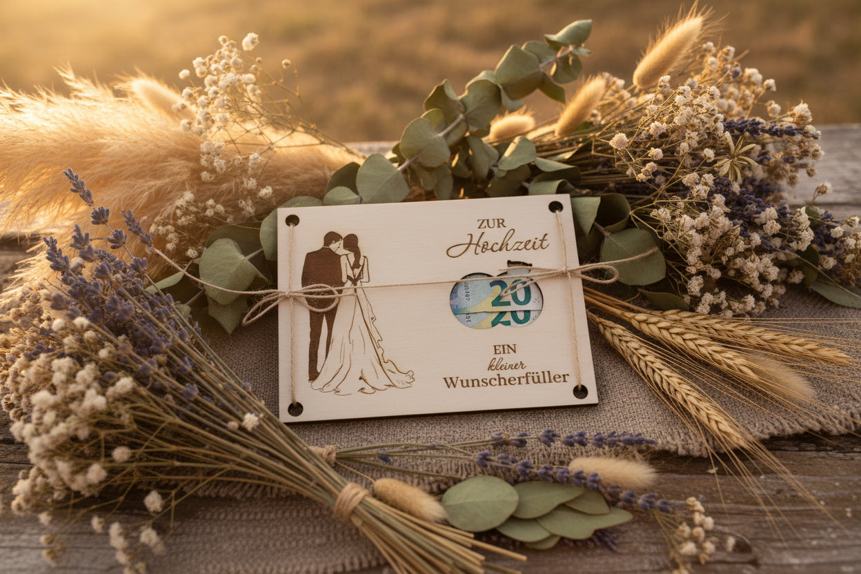 💍 Geldgeschenk zur Hochzeit „Ein kleiner Wunscherfüller“ aus Holz (personalisierbar)