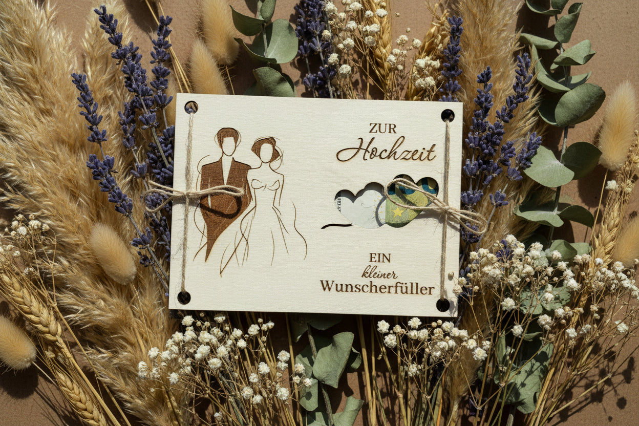 💍 Geldgeschenk zur Hochzeit „Ein kleiner Wunscherfüller“ aus Holz (personalisierbar)