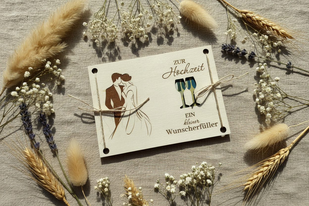 💍 Geldgeschenk zur Hochzeit „Ein kleiner Wunscherfüller“ aus Holz (personalisierbar)