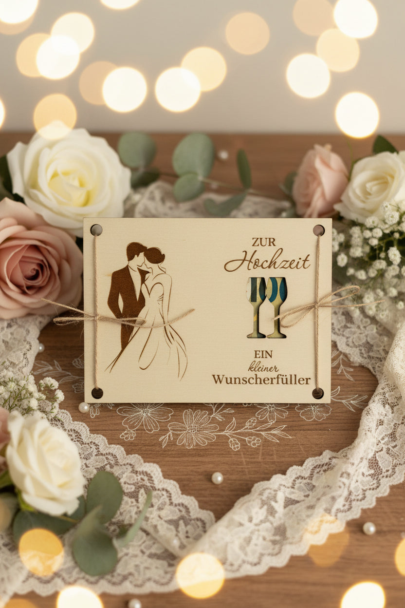 💍 Geldgeschenk zur Hochzeit „Ein kleiner Wunscherfüller“ aus Holz (personalisierbar)