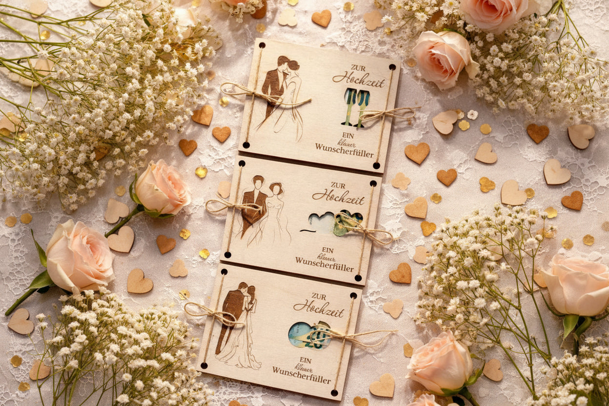 💍 Geldgeschenk zur Hochzeit „Ein kleiner Wunscherfüller“ aus Holz (personalisierbar)