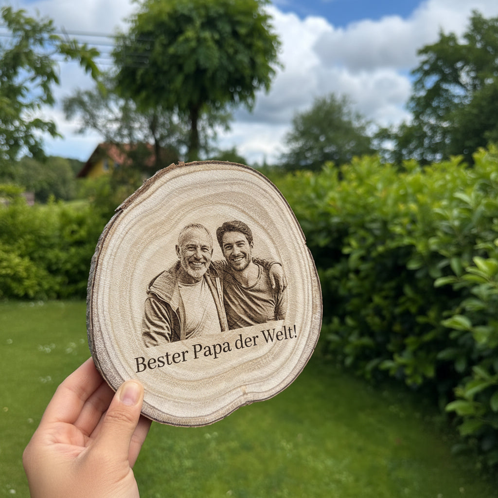 🪵📸 Bildergravur auf Holzscheibe – Fotogeschenk mit Wunschtext (personalisierbar)