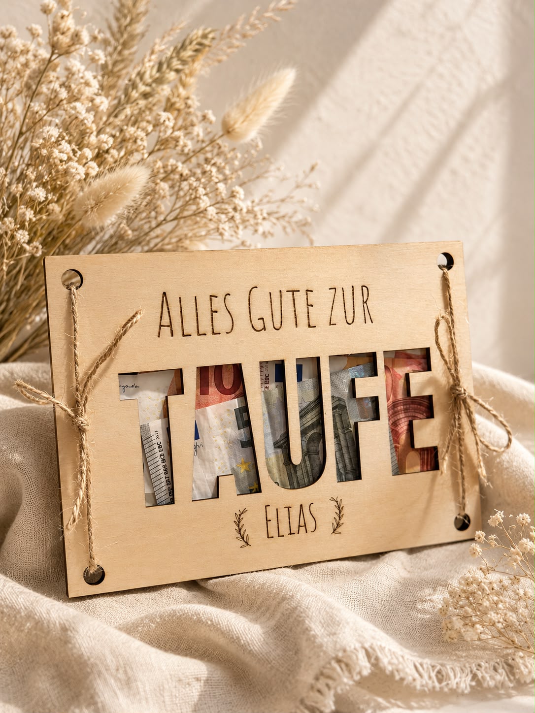 🕊️ Geldgeschenk zur Taufe „Ein kleiner Wunscherfüller“ aus Holz (personalisierbar)
