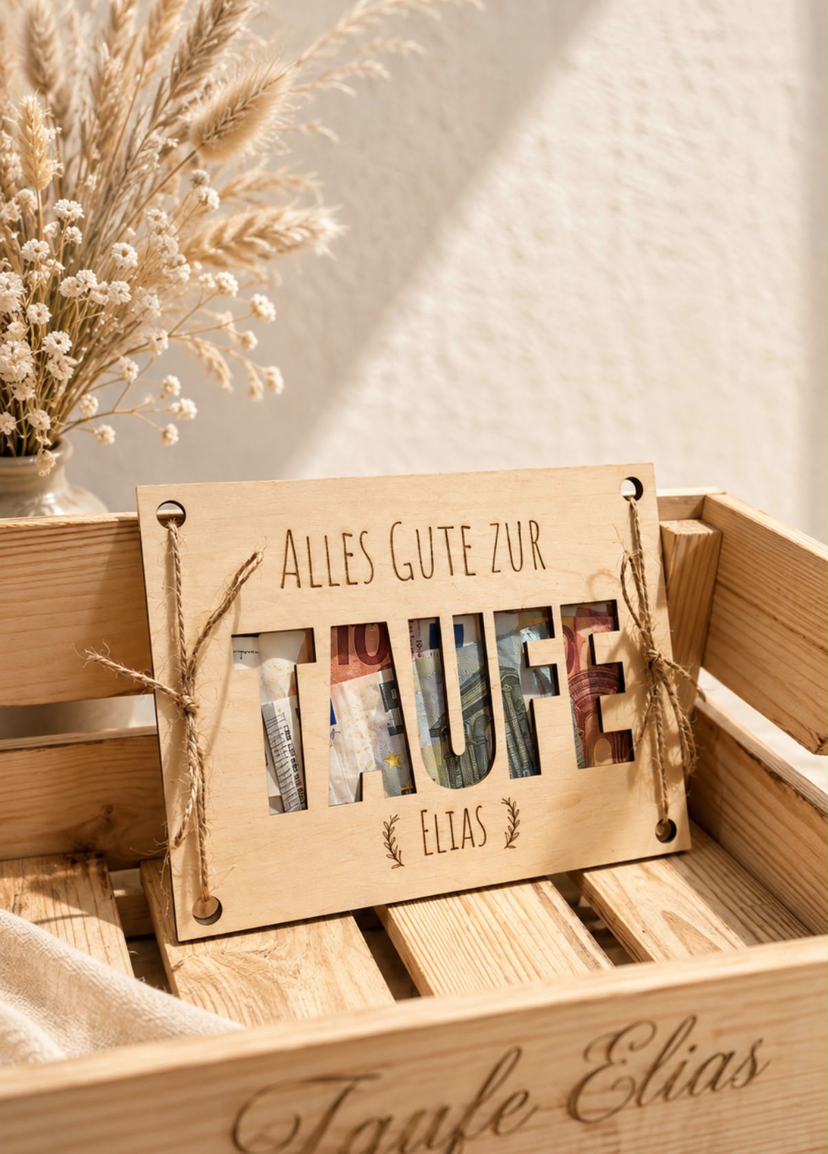 🕊️ Geldgeschenk zur Taufe „Ein kleiner Wunscherfüller“ aus Holz (personalisierbar)