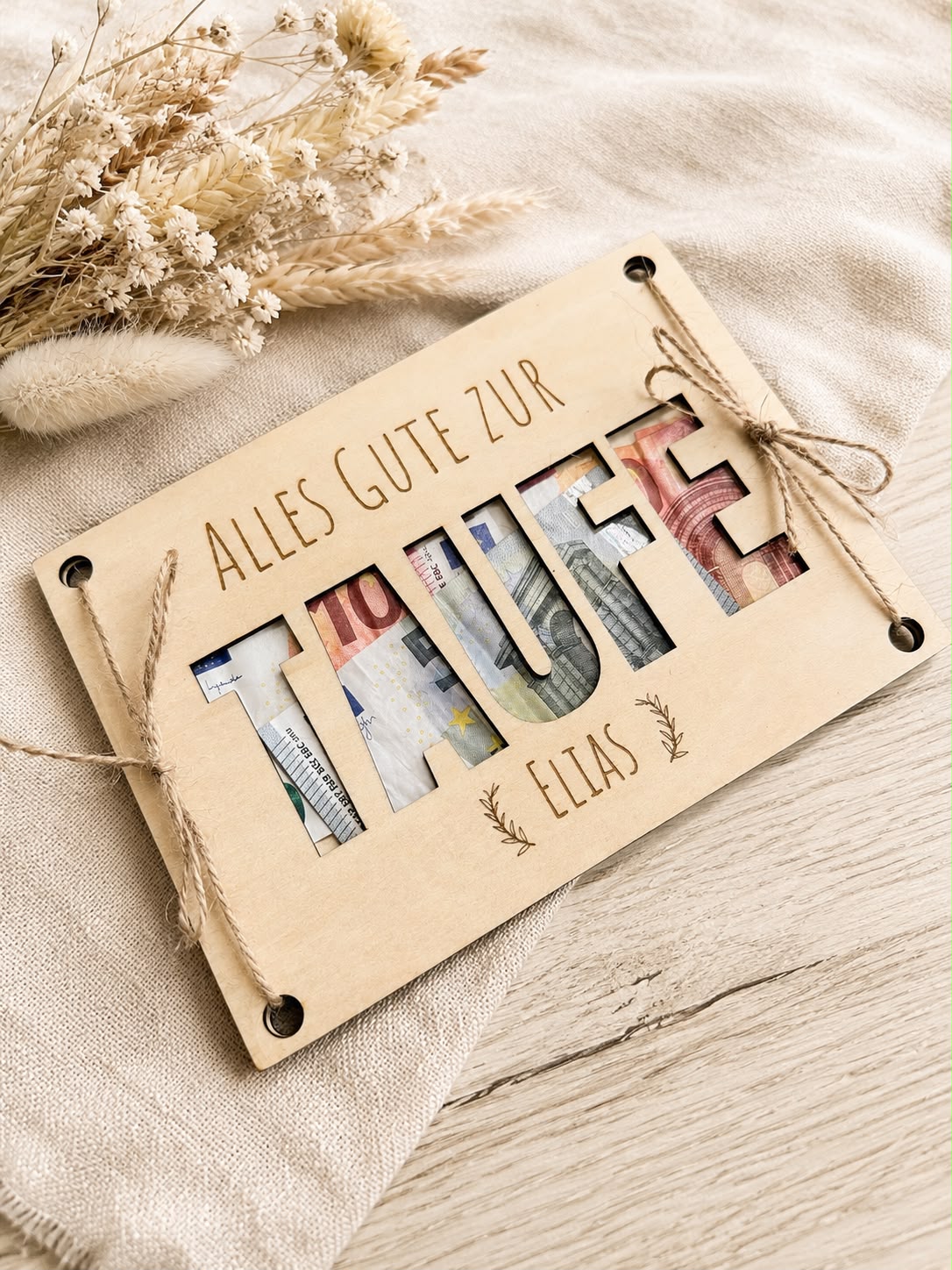 🕊️ Geldgeschenk zur Taufe „Ein kleiner Wunscherfüller“ aus Holz (personalisierbar)