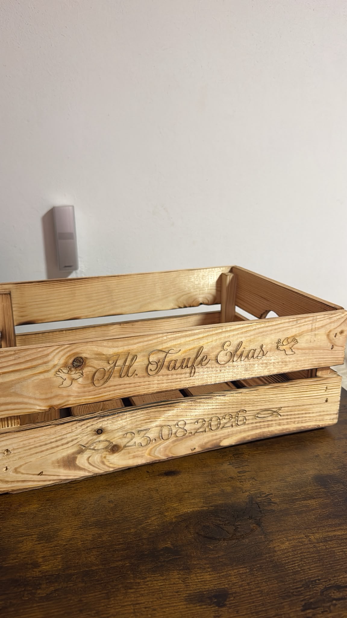 🎁 Holzkiste für Geschenke – geflammte Geschenkbox für Taufe, Hochzeit & besondere Anlässe (personalisierbar)