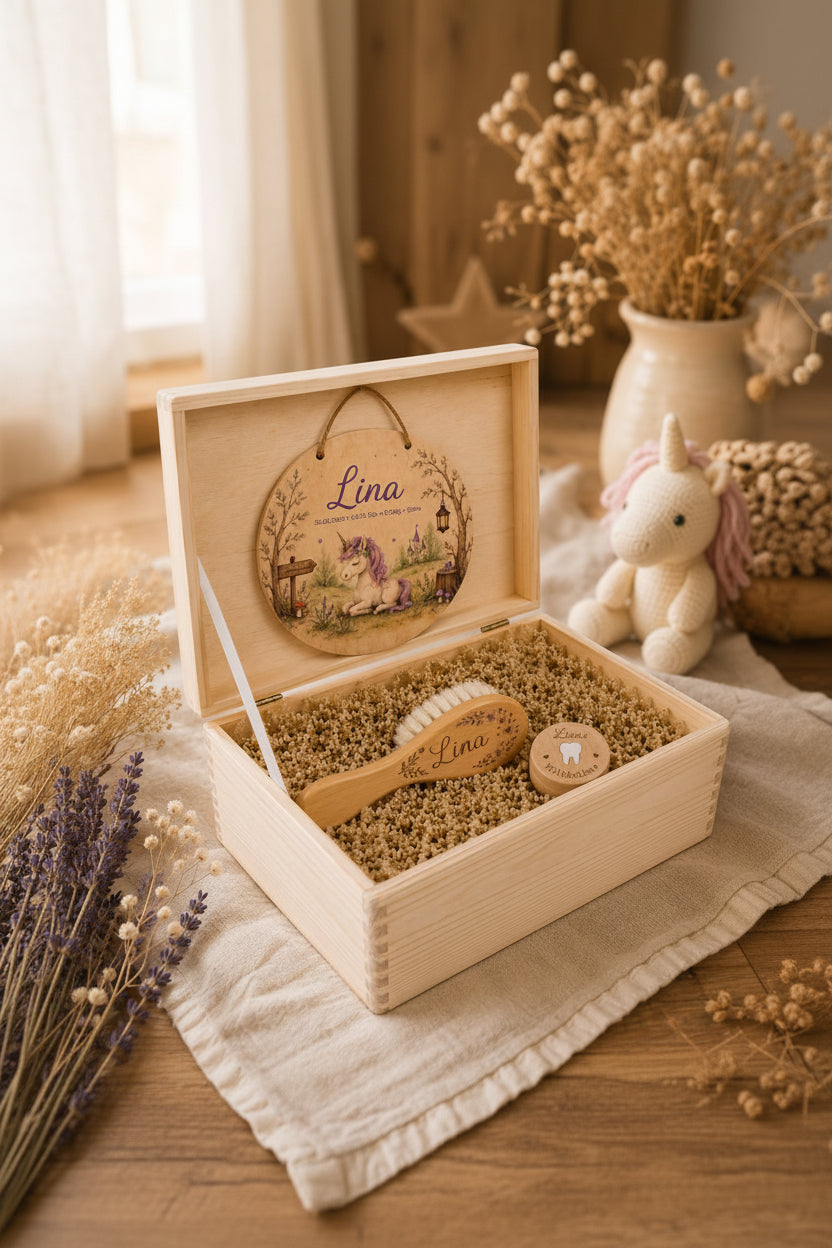 👶 Geschenkset aus Holz – Erinnerungskiste, Wandschild, Kinderkamm & Zahnbox (personalisierbar)