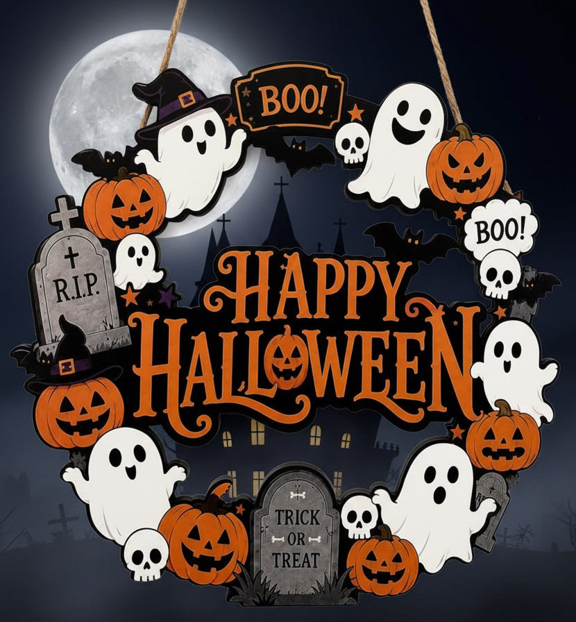 🎃 Halloween-Türkranz aus Holz verschiedene Motive, optional mit UV-Druck