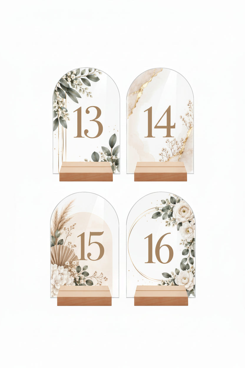 💒 Tischnummern aus Acryl mit Holzsockel – 4er-Set, personalisierbar mit UV-Druck