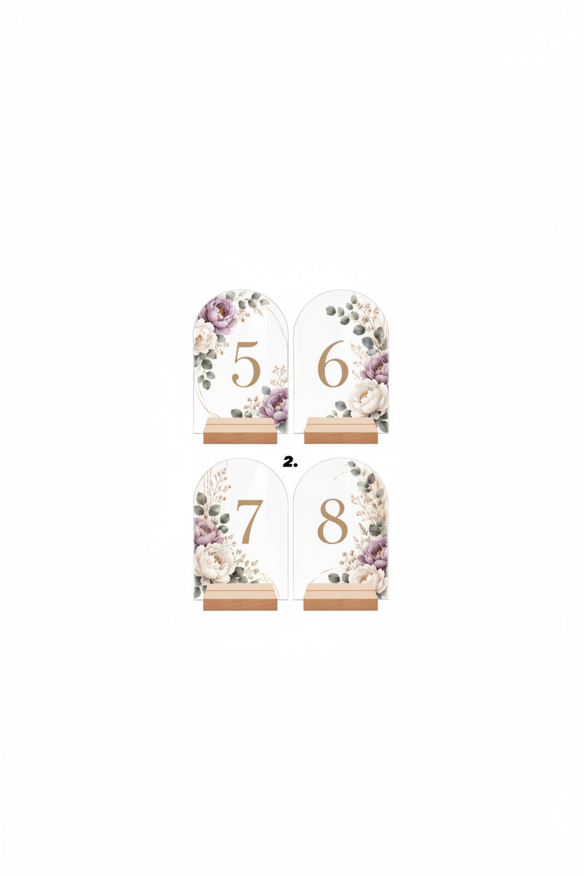 💒 Tischnummern aus Acryl mit Holzsockel – 4er-Set, personalisierbar mit UV-Druck