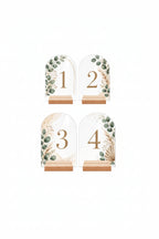 💒 Tischnummern aus Acryl mit Holzsockel – 4er-Set, personalisierbar mit UV-Druck