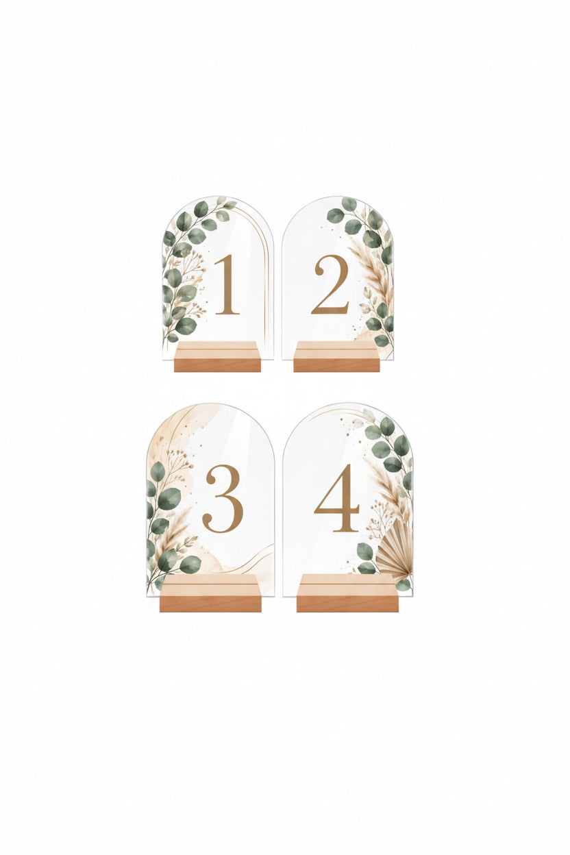 💒 Tischnummern aus Acryl mit Holzsockel – 4er-Set, personalisierbar mit UV-Druck
