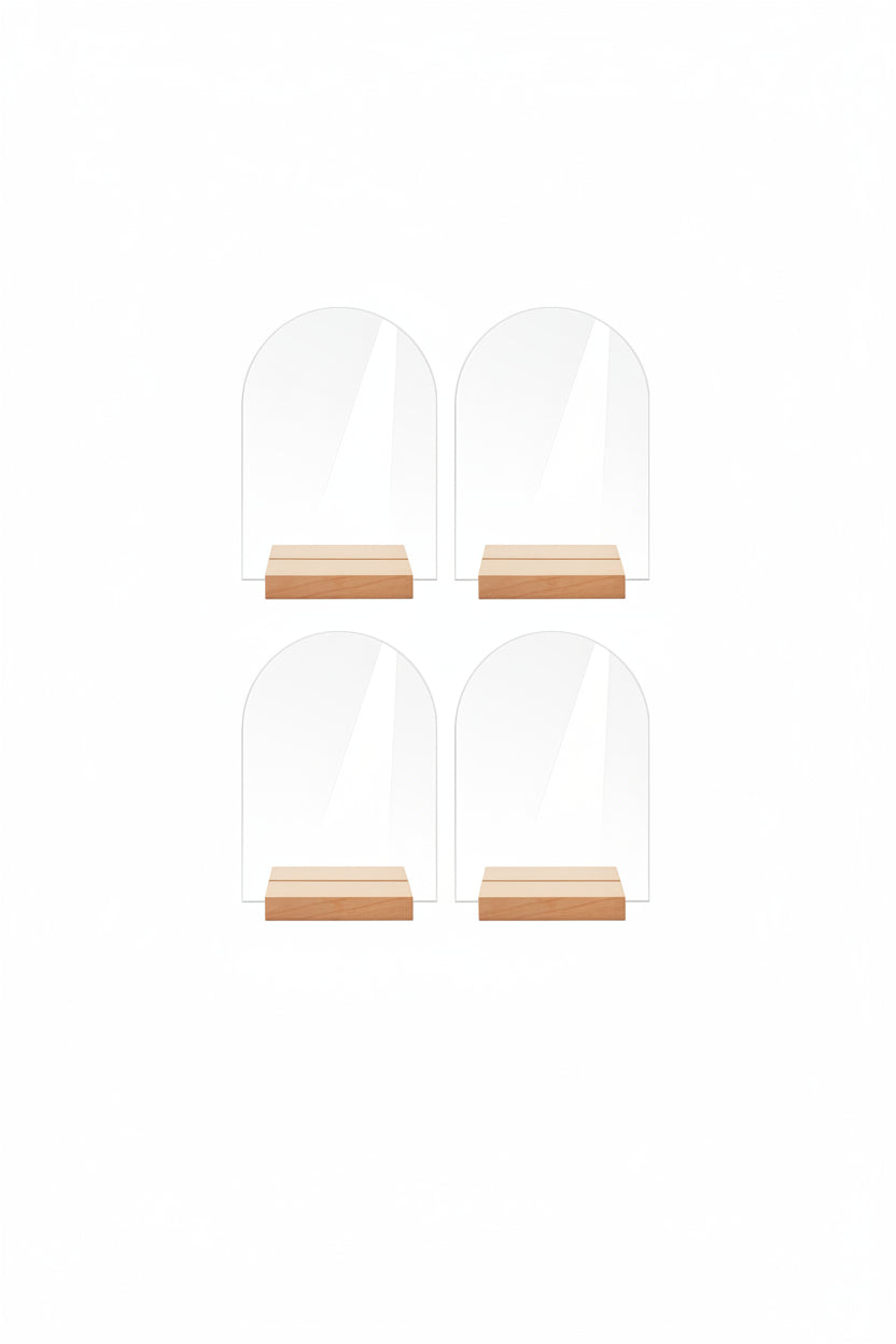 💒 Tischnummern aus Acryl mit Holzsockel – 4er-Set, personalisierbar mit UV-Druck