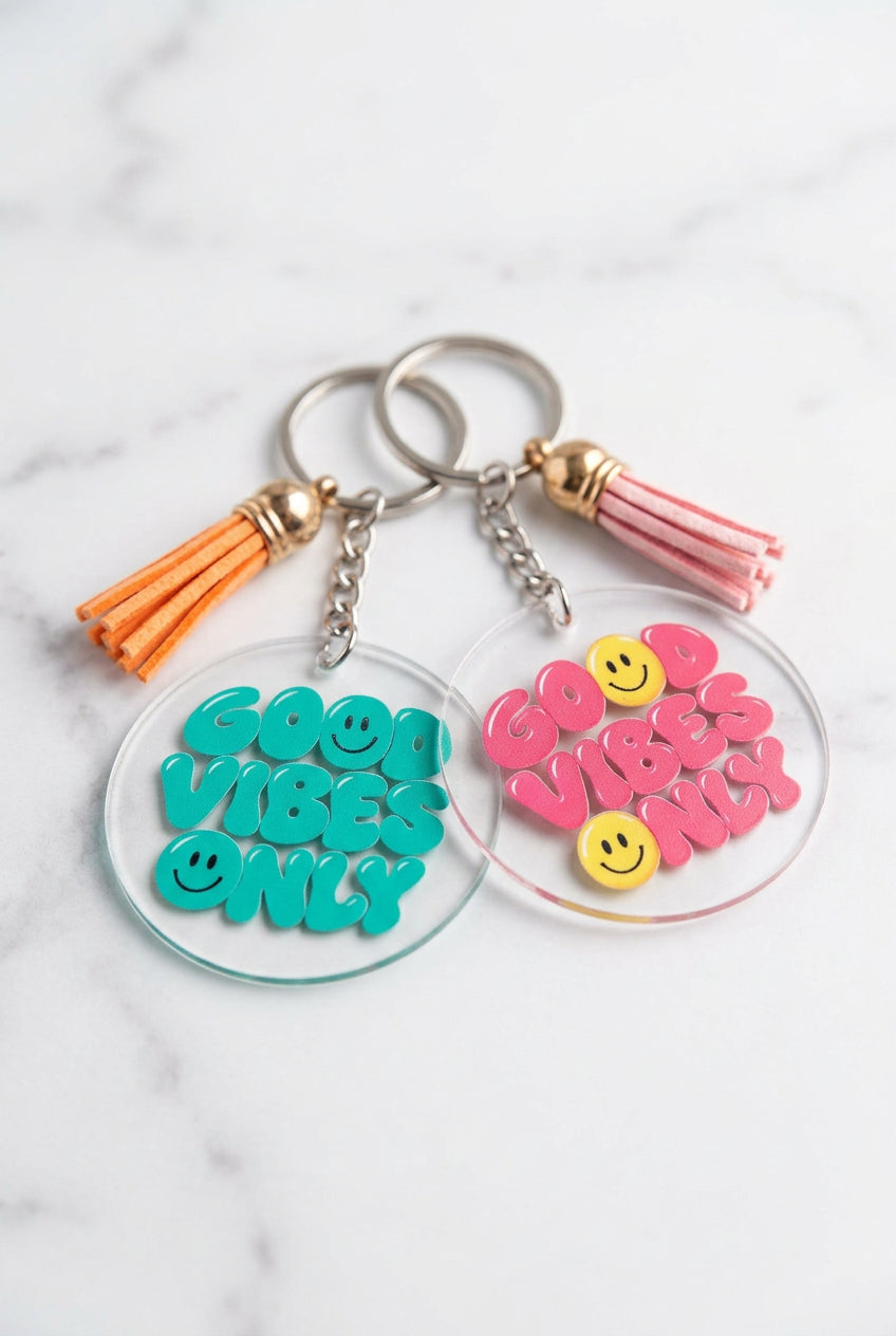 🔑 Schlüsselanhänger aus Acryl mit Quaste – personalisierbar mit UV-Druck