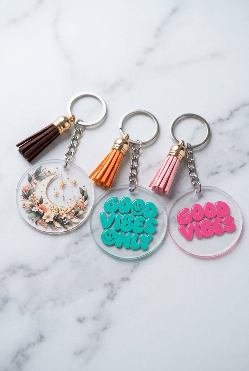 🔑 Schlüsselanhänger aus Acryl mit Quaste – personalisierbar mit UV-Druck