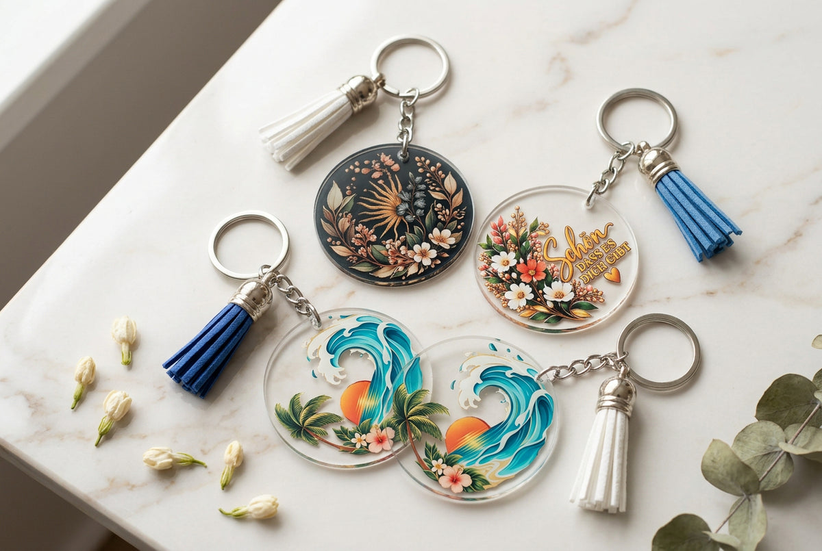🔑 Schlüsselanhänger aus Acryl mit Quaste – personalisierbar mit UV-Druck